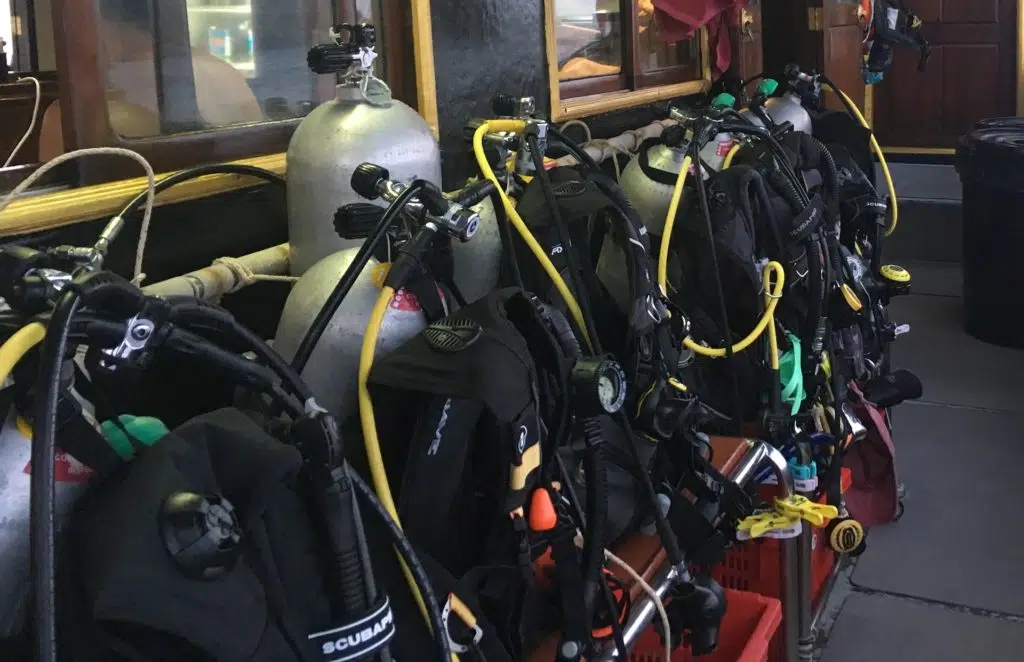Scuba diving equipment on a diving boat.