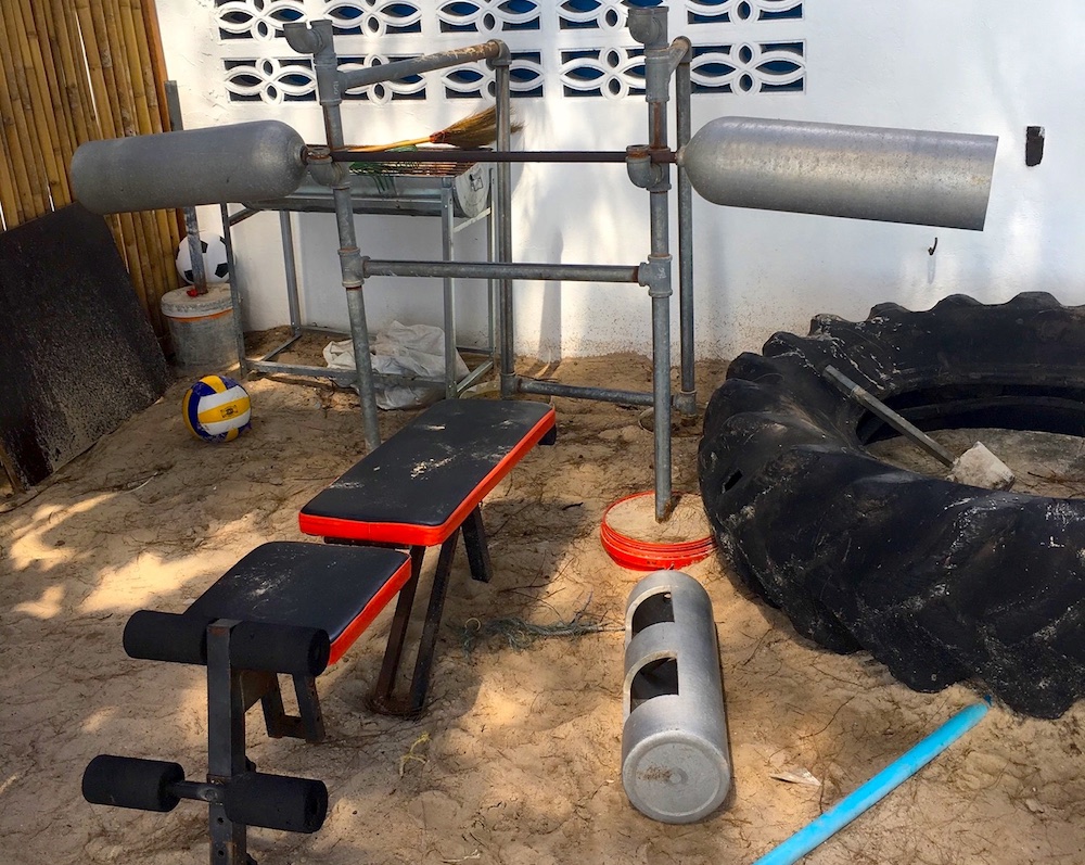 Using scuba equipment to create a home-made gym.